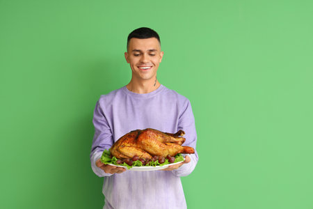Young man with tasty turkey on green background. Thanksgiving Day celebrationの写真素材