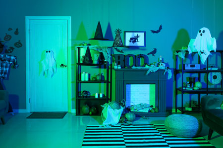 Interior of dark living room decorated for Halloween with door and mantelpieceの写真素材
