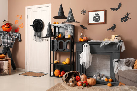 Interior of living room decorated for Halloween with door and mantelpieceの写真素材