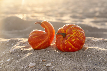 Whole pumpkins for Halloween on the beach