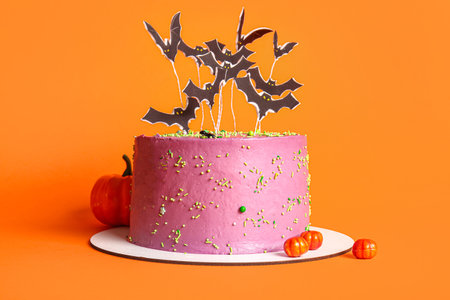 Tasty cake decorated for Halloween on orange background