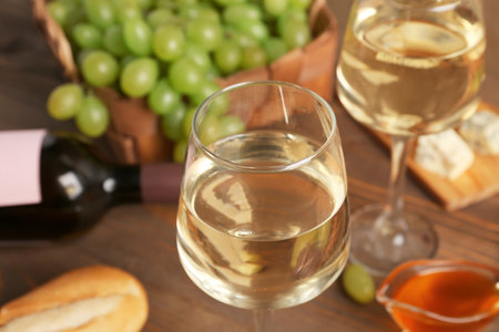 Glasses of exquisite wine on wooden backgroundの写真素材