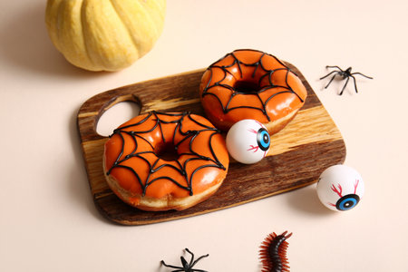 Wooden board of tasty donuts for Halloween with eyes on beige backgroundの写真素材