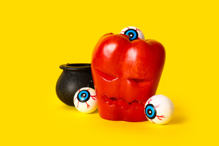 Carved bell pepper for Halloween with pot and eyes on yellow background