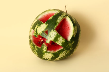 Carved watermelon for Halloween on yellow backgroundの写真素材