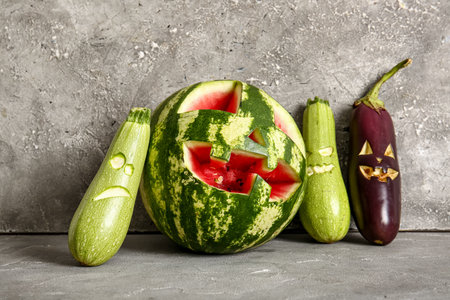 Carved watermelon, zucchini and eggplant for Halloween on gray backgroundの写真素材