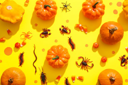 Halloween composition with candy bugs and pumpkins on yellow backgroundの写真素材