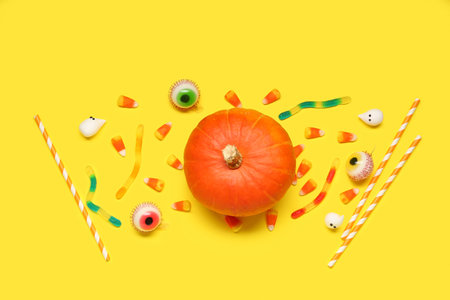 Halloween composition with pumpkin, sweet candies and straws on yellow backgroundの写真素材
