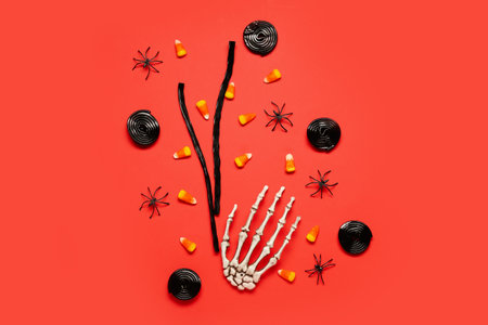 Halloween composition with skeleton hand, licorice candies and spiders on red backgroundの写真素材