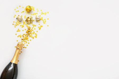 Christmas balls with bottle of champagne and confetti on white backgroundの写真素材