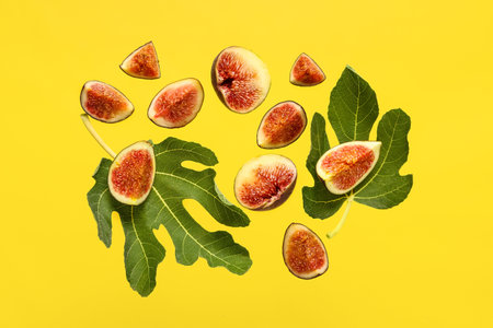Cut fresh figs and leaves on yellow backgroundの写真素材