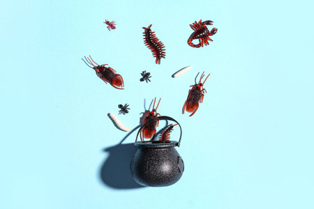 Halloween composition with cauldron and candy bugs on blue background