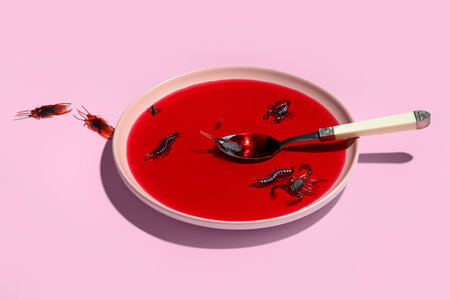 Plate with red liquid and Halloween candy bugs on pink background