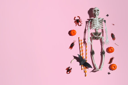 Halloween composition with skeleton, pumpkins and candy bugs on pink backgroundの写真素材