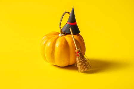 Halloween pumpkin, broom and witch hat on yellow backgroundの写真素材