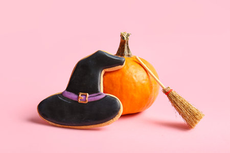 Halloween composition with pumpkin, witch hat and broom on pink background