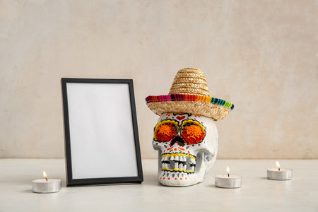 Frame with marigold flowers, candles, sombrero and painted skull on white table. Celebration of Mexico's Day of the Dead (El Dia de Muertos)の写真素材