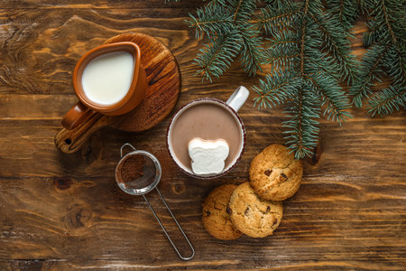 Cup of tasty Christmas cocoa with marshmallow, powder, cookies, milk and fir branch on wooden backgroundの写真素材