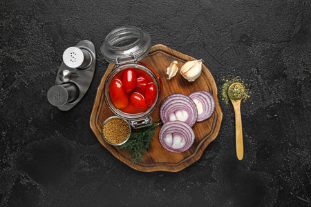 Wooden board with jar of pickled tomatoes and different spices on black backgroundの写真素材