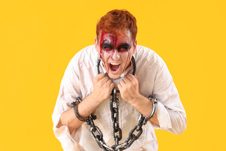 Scary zombie man with chains on yellow backgroundの写真素材