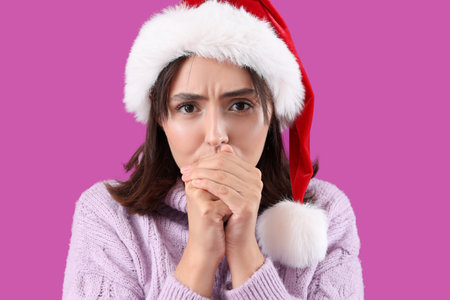 Frozen beautiful young woman in Santa hat on purple backgroundの写真素材