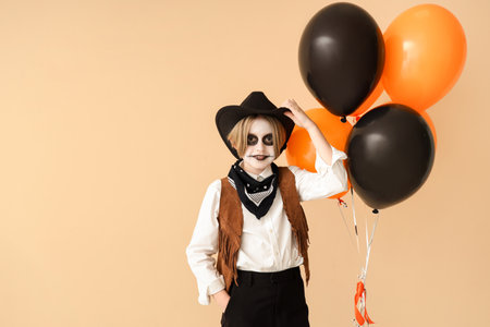 Little boy dressed for Halloween with balloons on beige backgroundの写真素材