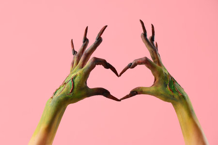 Witch with claws making heart gesture on pink background. Halloween celebrationの写真素材