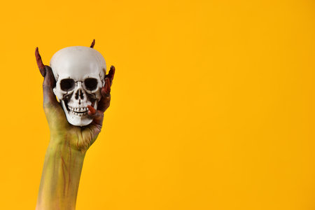 Witch with skull on yellow background. Halloween celebrationの写真素材