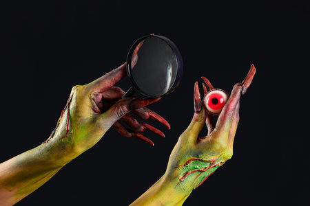 Witch with magnifier and eyeball on black background. Halloween celebrationの写真素材