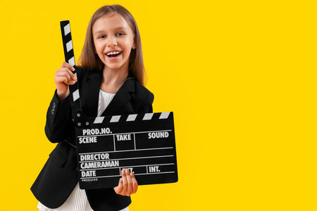 Cute little producer with movie clapper on yellow backgroundの写真素材