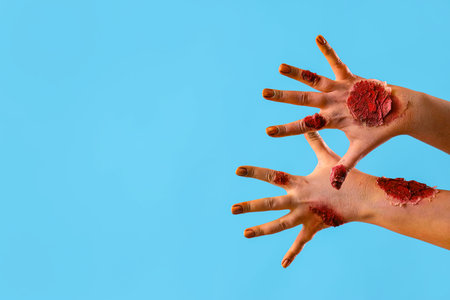 Zombie hands on blue background. Halloween celebration