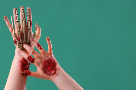 Zombie hands with skeleton hand on green background. Halloween celebrationの写真素材