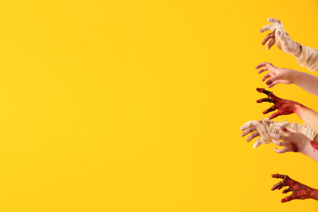 Zombie and mummy hands on yellow background. Halloween celebration
