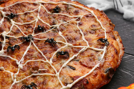 Tasty pizza and spiders for Halloween party on black wooden backgroundの写真素材