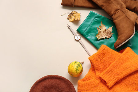 Composition with stylish female clothes, shoes and accessories on color backgroundの写真素材