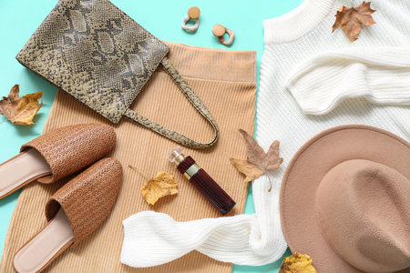 Composition with stylish female clothes, accessories and fallen leaves on color background, closeup