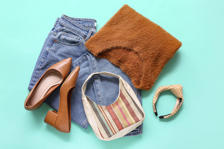 Composition with stylish female clothes, shoes and accessories on color backgroundの写真素材