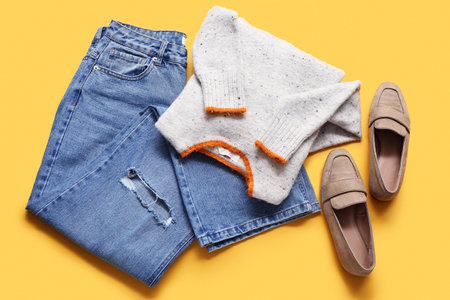 Set of stylish female clothes and shoes on yellow backgroundの写真素材