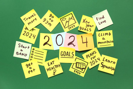 Sticky notes with different goals for 2024 on green background