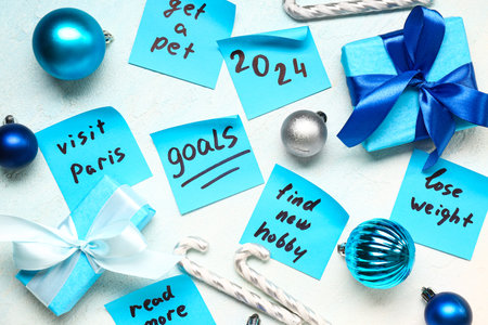 Sticky notes with different goals for 2024, Christmas balls and gift boxes on gradient background
