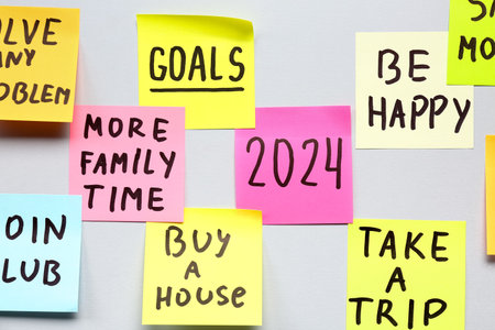 Sticky notes with different goals for 2024 on gray background