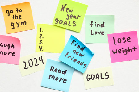 Sticky notes with different goals for 2024 on white backgroundの写真素材