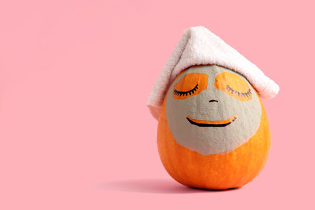 Pumpkin with drawn face and clay mask on pink backgroundの写真素材