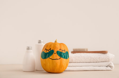 Pumpkin with under-eye patches, cosmetic bottles, brush and towels on beige backgroundの写真素材