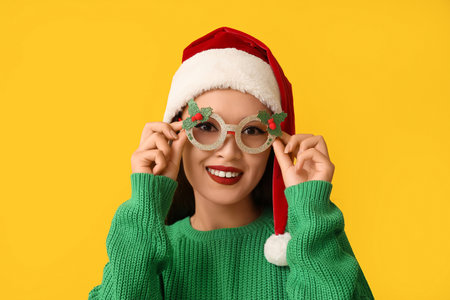 Beautiful young Asian woman in Santa hat and Christmas glasses on yellow backgroundの写真素材