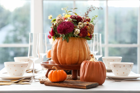 Beautiful bouquet of autumn flowers in pumpkin on festive dining tableの写真素材