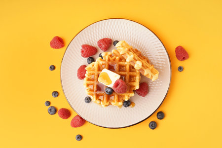 Plate of tasty waffles with berries and maple syrup on yellow backgroundの写真素材