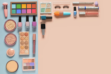 Different decorative cosmetics on colorful backgroundの写真素材