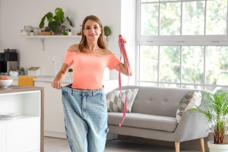 Beautiful young woman in loose jeans with measuring tape at kitchen. Weight loss conceptの写真素材