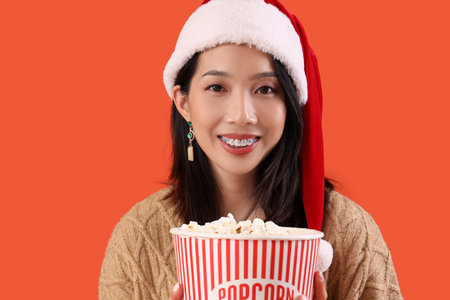Young beautiful Asian woman in Santa hat with bucket of popcorn on red backgroundの写真素材